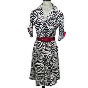 SNAP Vintage Black & White Zebra Print Red Bows & Belt Fitted Half Sleeve Dress